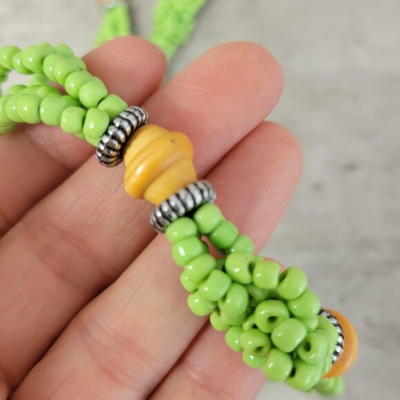 Green Multi Strand Beaded Necklace Layered Statement Wood Accent 16 Inch Jewelry - Picture 7 of 7